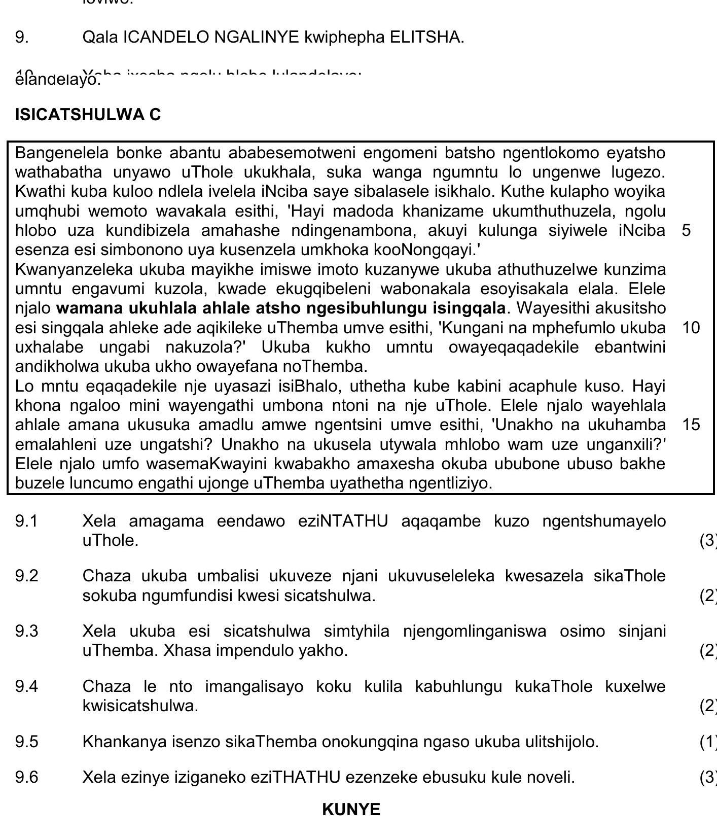 9.-Qala-ICANDLEO-NGALINYE-kwiphepha-ELITSHAl-NSC IsiXhosa HL-Question 9-2021-Paper 2.png