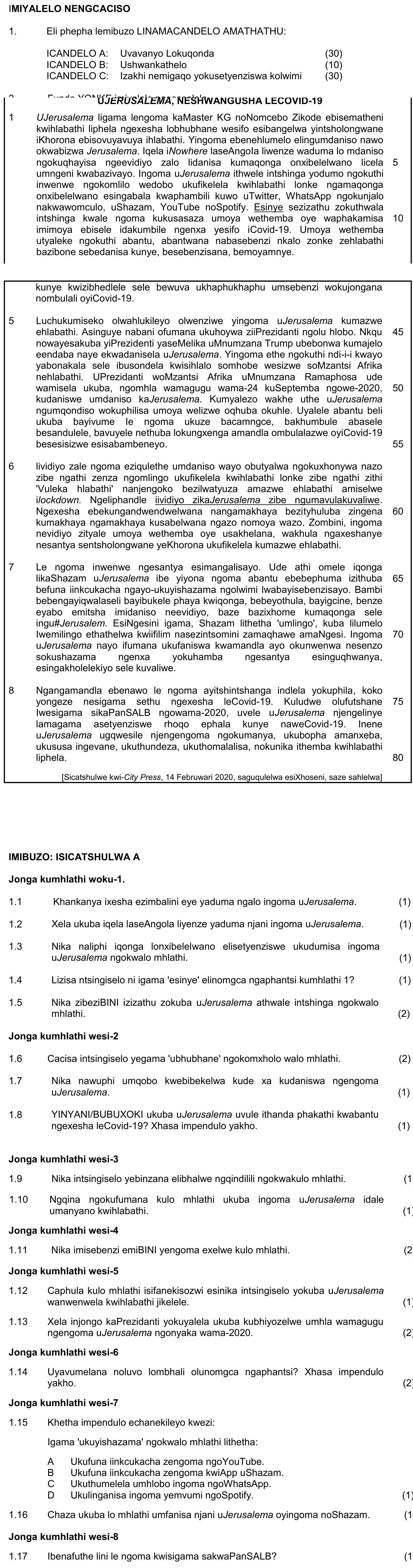 UJerusalema-ligama-lengoma-kaMaster-KG-noNomcebo-Zikode-ebisematheni-kwihlabile-iphepha-neyesxhubhinga-wesifo-esibangelwe-yinthsongwane-iKhorona-esiyovuywa-ngabathile-NSC IsiXhosa HL-Question 1-2021-Paper 1.png