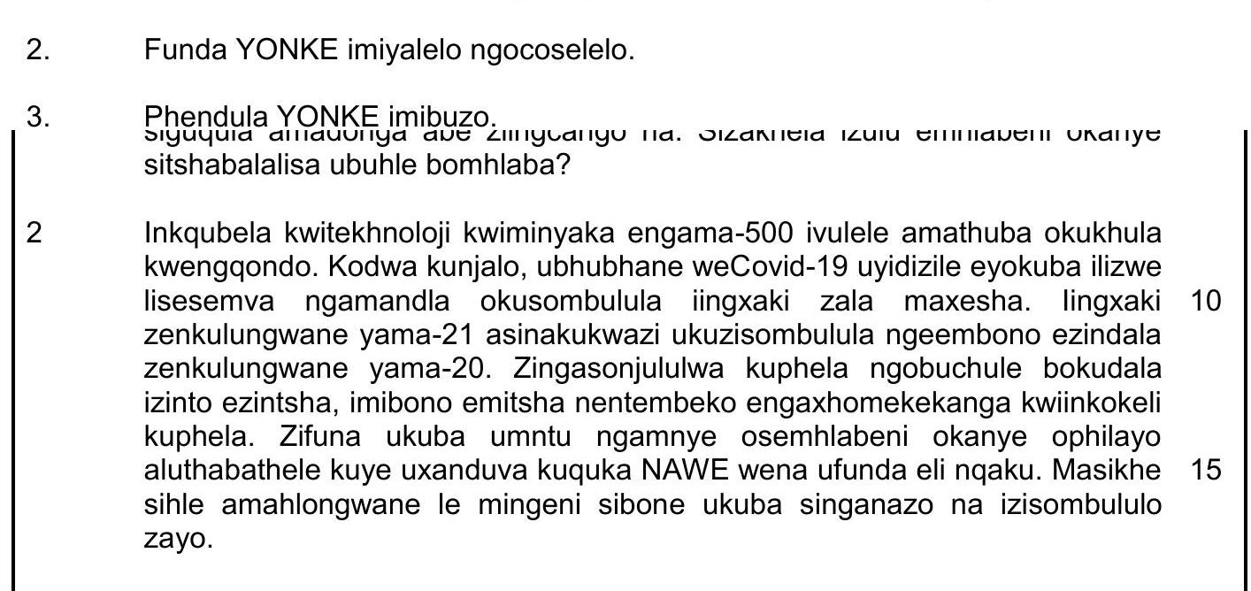 Ukusebenza-ezi-ngqomona-zingu-ndoq-uzi-landelayo-ekufuneka-zibandakanwe-ngaba-wisi-h-wankathelo-njengesikhokelo-NSC IsiXhosa HL-Question 2-2022-Paper 1.png