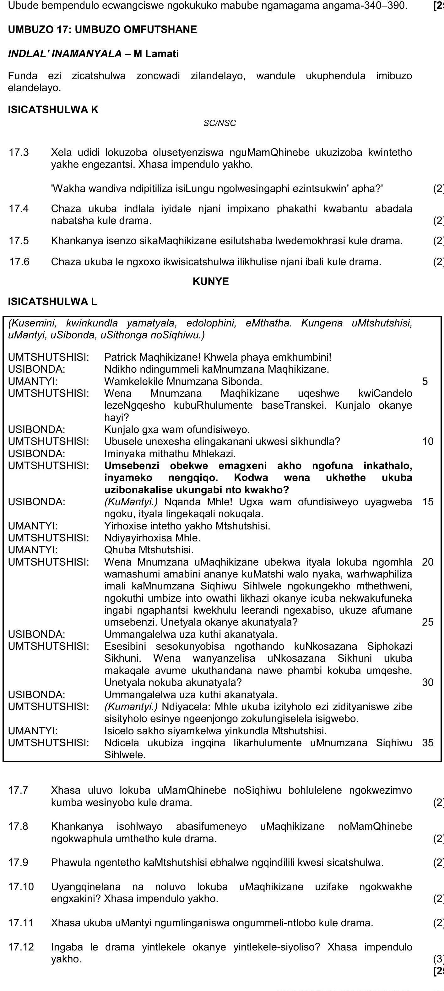 Funda-ezi-zicatshulwa-zoncwadi-zilandelelayo,-wandule-uphendula-imibuzo-elandelayo-NSC IsiXhosa HL-Question 17-2023-Paper 2.png