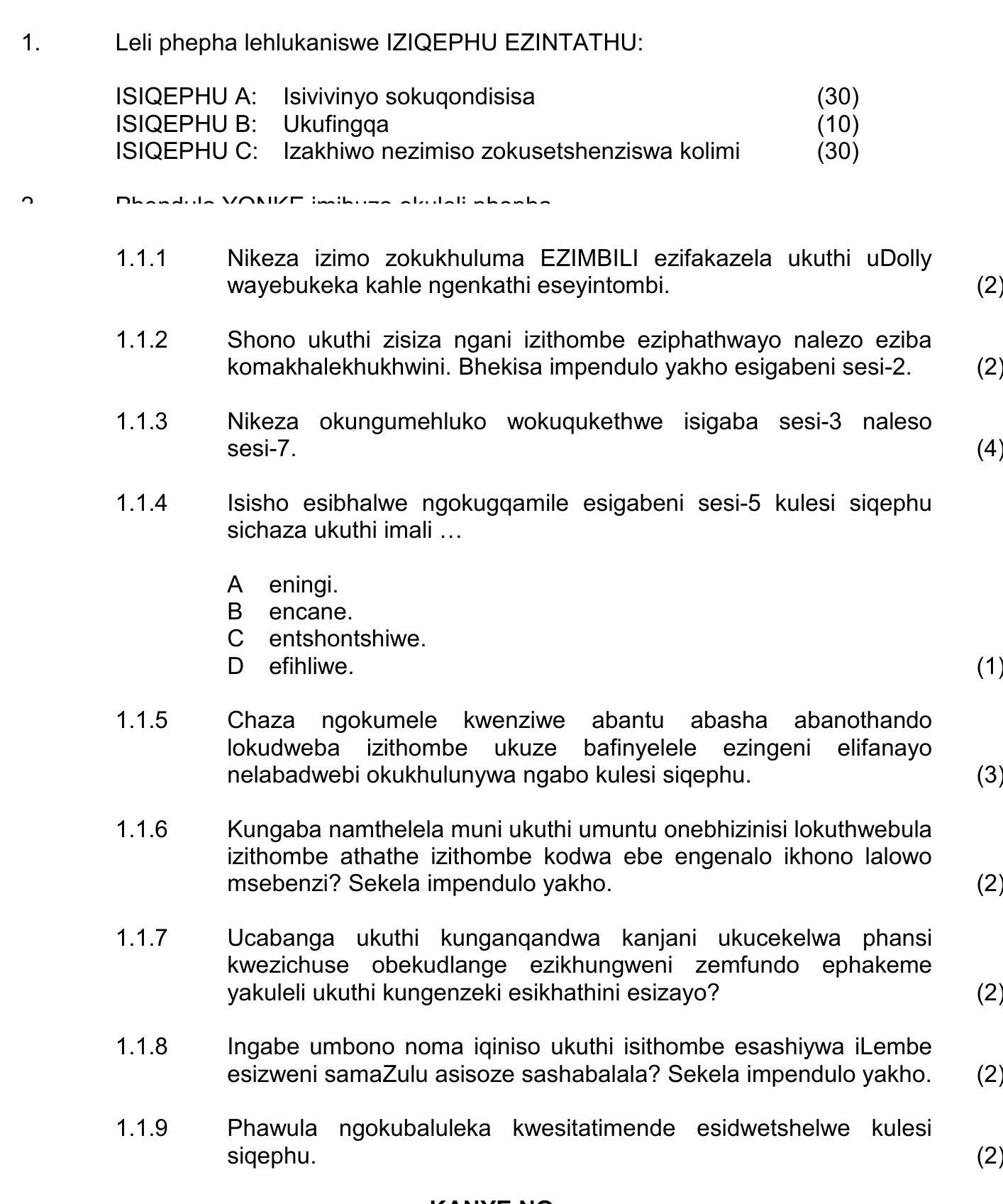 Nikeza-izimo-zokukhuluma-EZIMBILI-ezifakazela-ukuthi-uDolly-wayebukeka-kahle-nenkanthi-eseyintombi-NSC IsiZulu HL-Question 1-2016-Paper 1.png