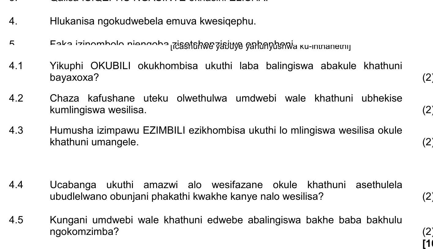 4.1-Yikuphi-OKUBILI-okukhombisa-ukuthi-laba-balingiswa-abakule-khathuni-bayaxoxa?--4.2-Chaza-kafushane-utekul-owethu-umdwebo-wale-khathuni-ubhekise-kumlingiswa-wesilisi-NSC IsiZulu HL-Question 4-2018-Paper 1.png