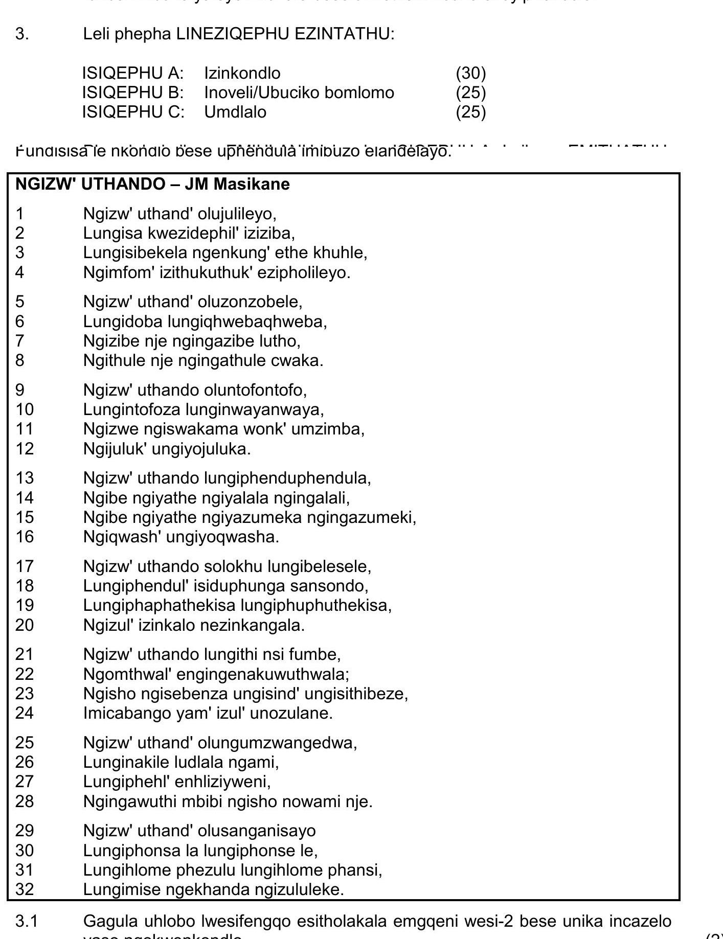 Lesi-phepha-LINEZIQEHPHU-EZINTATHU:--ISIQEPHU-A:-Izinkondlo-(30)-ISIQEPHU-B:-Iinoveli/Ubuciko-bomlomo-(25)-ISIQEPHU-C:-Umdlalo-(25)--Fundisa-i’siqephu-esise-uphenyo-lwembreyo-yehlayo:--NGIZW’-UTHANDO-–-JM-Masikane--1-NSC IsiZulu HL-Question 3-2018-Paper 2.png