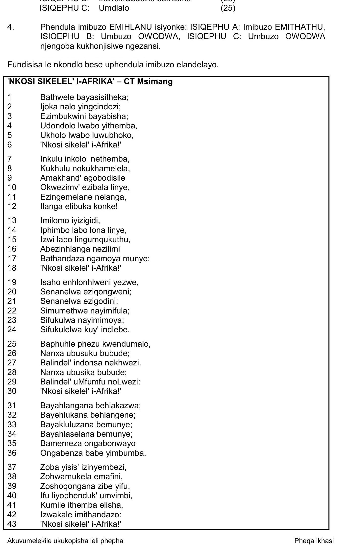 Phendulula-imibuzo-EMIHLANU-isinyone:-ISIQEPHU-A:-Imibuzo-EMITHATHU,-ISIQEPHU-B:-Umbuzo-OWODWA,-ISIQEPHU-C:-Umbuzo-OWODWA-njengoba-kukhonjisiwe-ngezansi-NSC IsiZulu HL-Question 4-2018-Paper 2.png