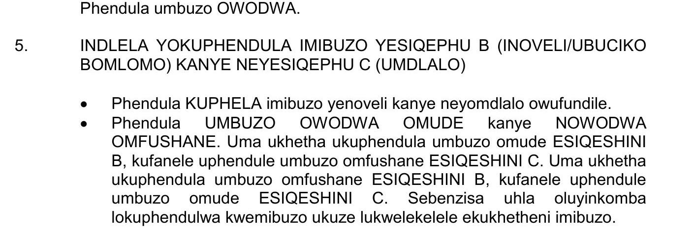 INDLELA-YOKUPHENDULA-IMIBUZO-YESIQEPHU-B-(INOVELI/UBUCIKO-BOMLOMO)-KANYE-NEYESIQEPHU-C-(UMDLALO)--•-Phendula-KUPHELA-imibuzo-yenoveli-kanye-neyondalolo-owufundile-NSC IsiZulu HL-Question 5-2019-Paper 2.png