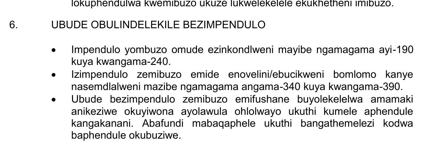 UBUDE-OBULINDELEKILE-BEZIMPENDULO----Impendulo-yombuzo-omude-ezinkondlweni-maybe-ngamagama-ayi-190-kuya-kwingenama-240-NSC IsiZulu HL-Question 6-2022-Paper 2.png