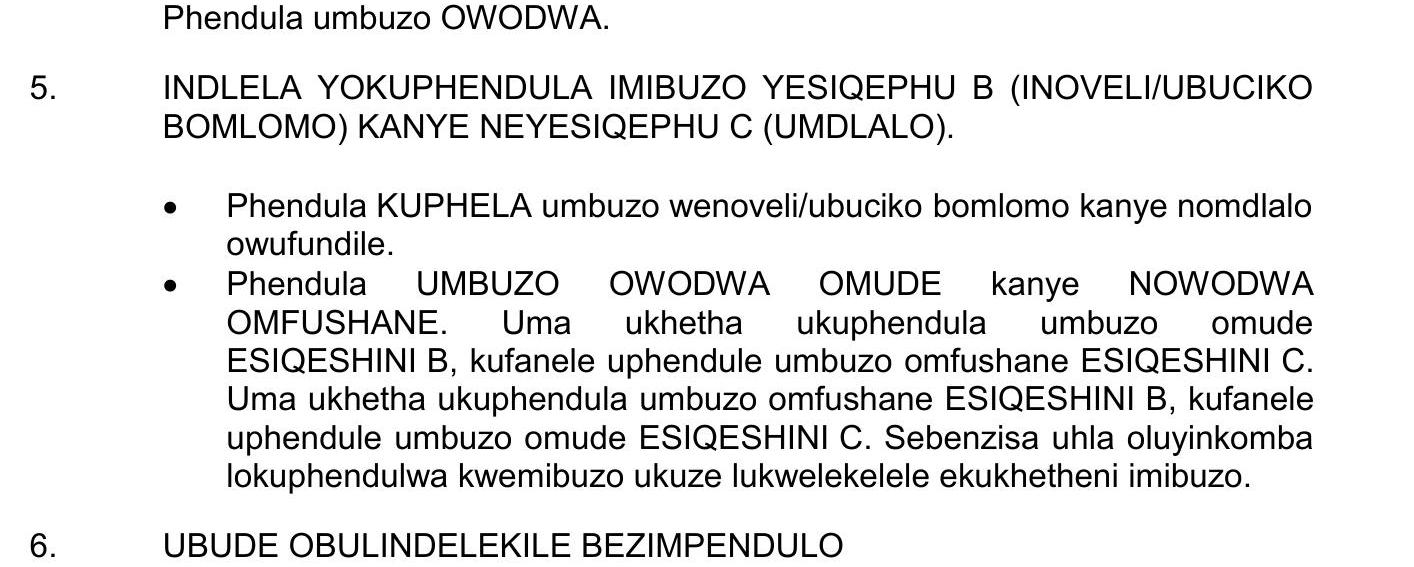INDLELA-YOKUPHENDULA-IMIBUZO-YESIQEPHU-B-(INOVELI/UBUCIKO-BOMLOMO)-KANYE-NEYESIQEPHU-C-(UMDLALO)-NSC IsiZulu HL-Question 5-2024-Paper 2.png