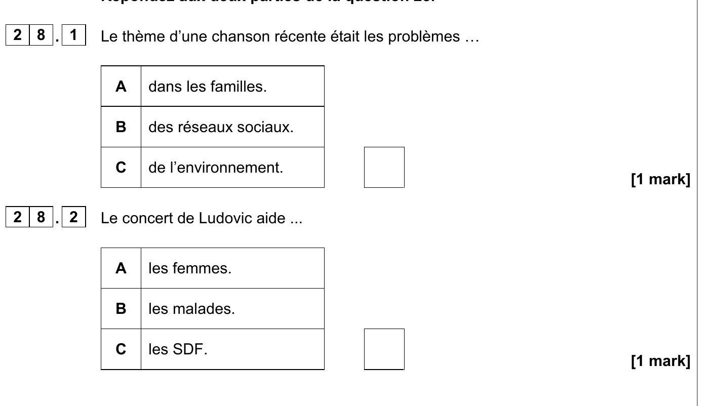 Le-thème-d'une-chanson-récente-était-les-problèmes-…---A-AQA-GCSE French-Question 28-2023-Paper 1.png