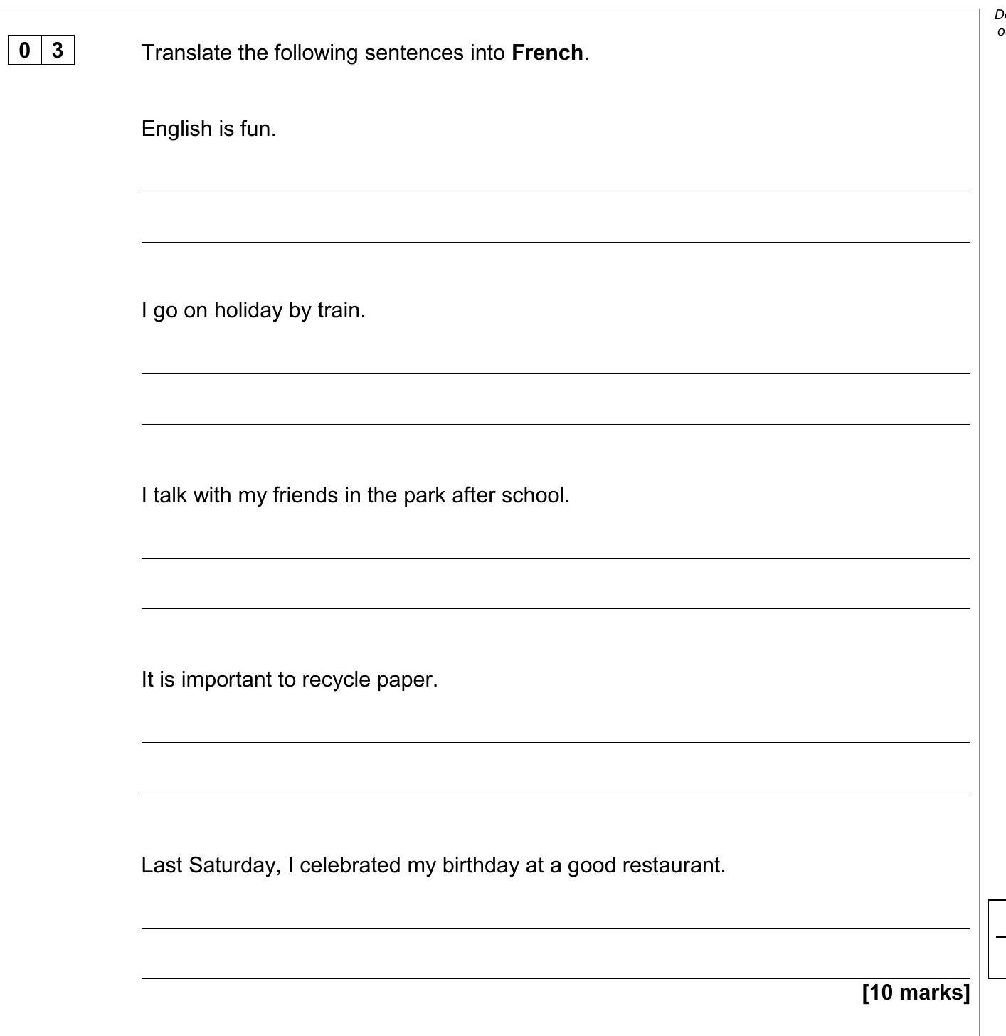 Translate-the-following-sentences-into-French-AQA-GCSE French-Question 3-2020-Paper 1.png