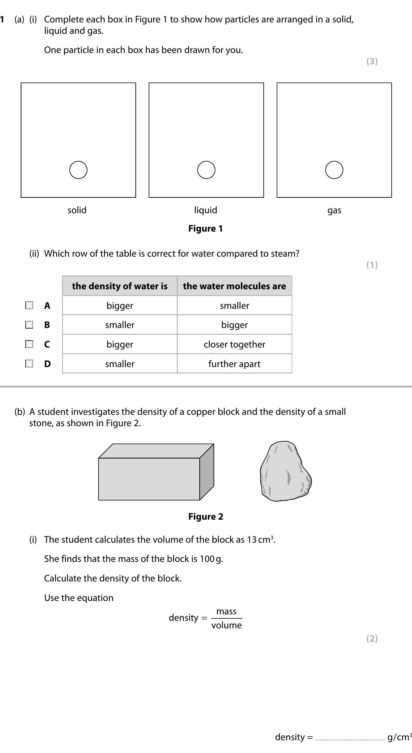 1.-(i)-Complete-each-box-in-Figure-1-to-show-how-particles-are-arranged-in-a-solid,-liquid-and-gas-Edexcel-GCSE Physics-Question 1-2016-Paper 1.png