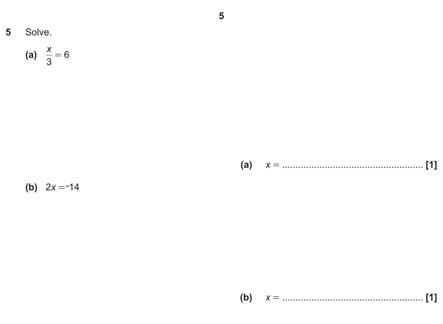Solve.-(a)-\(-\frac{x}{3}-=-6-\)--(b)-\(-2x-=-14-\)-OCR-GCSE Maths-Question 5-2023-Paper 2.png
