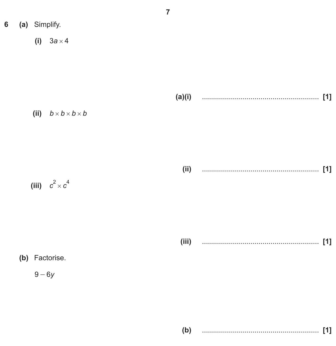 6--(a)-Simplify:--(i)-3a-×-4--(ii)-b-×-b-×-b-×-b--(iii)-c²-×-c⁴--(b)-Factorise:--9-–-6y-OCR-GCSE Maths-Question 6-2023-Paper 3.png