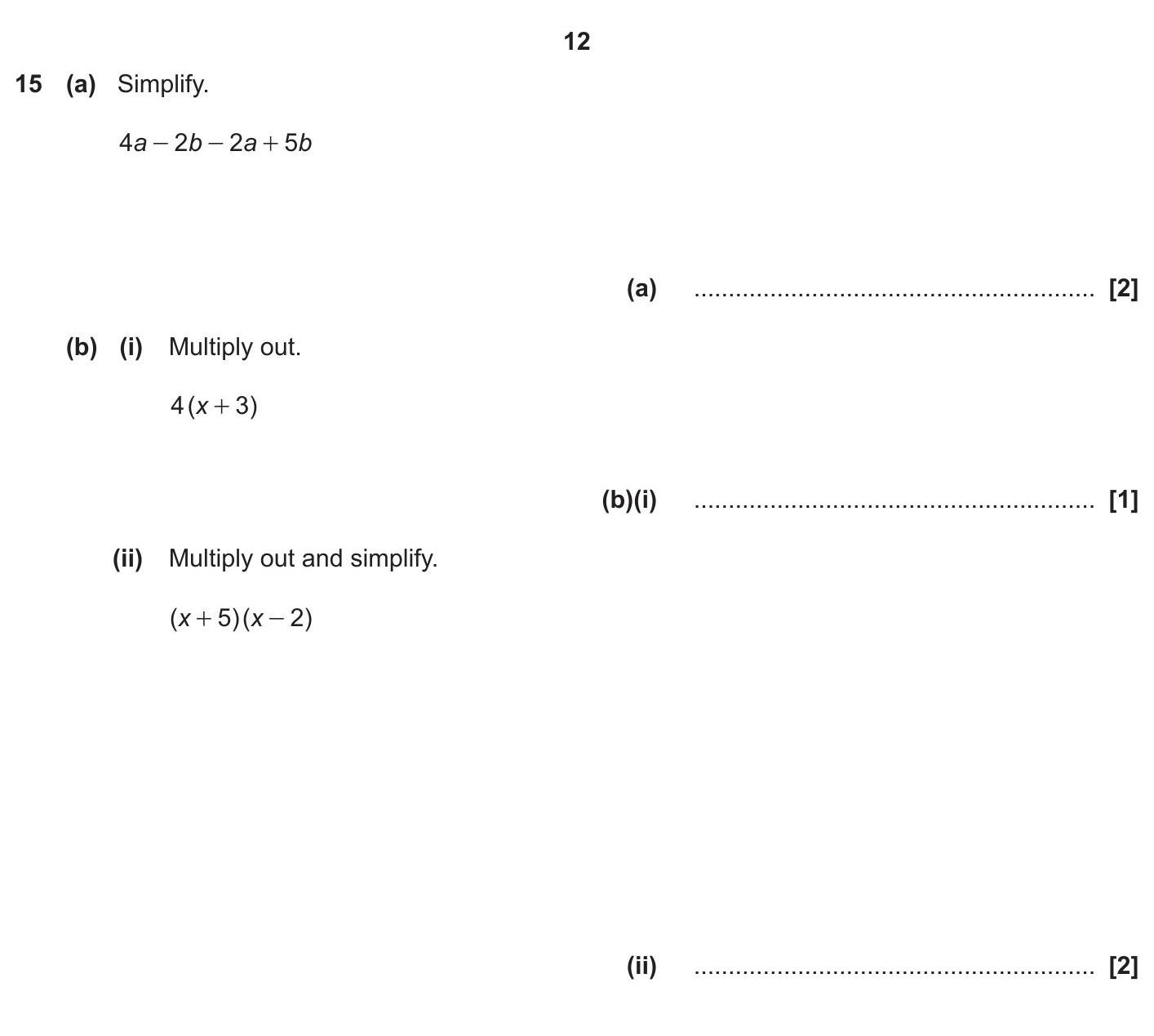 15---(a)-Simplify;---4a-−-2b-−-2a-+-5b------(b)---(i)-Multiply-out-OCR-GCSE Maths-Question 15-2020-Paper 1.png
