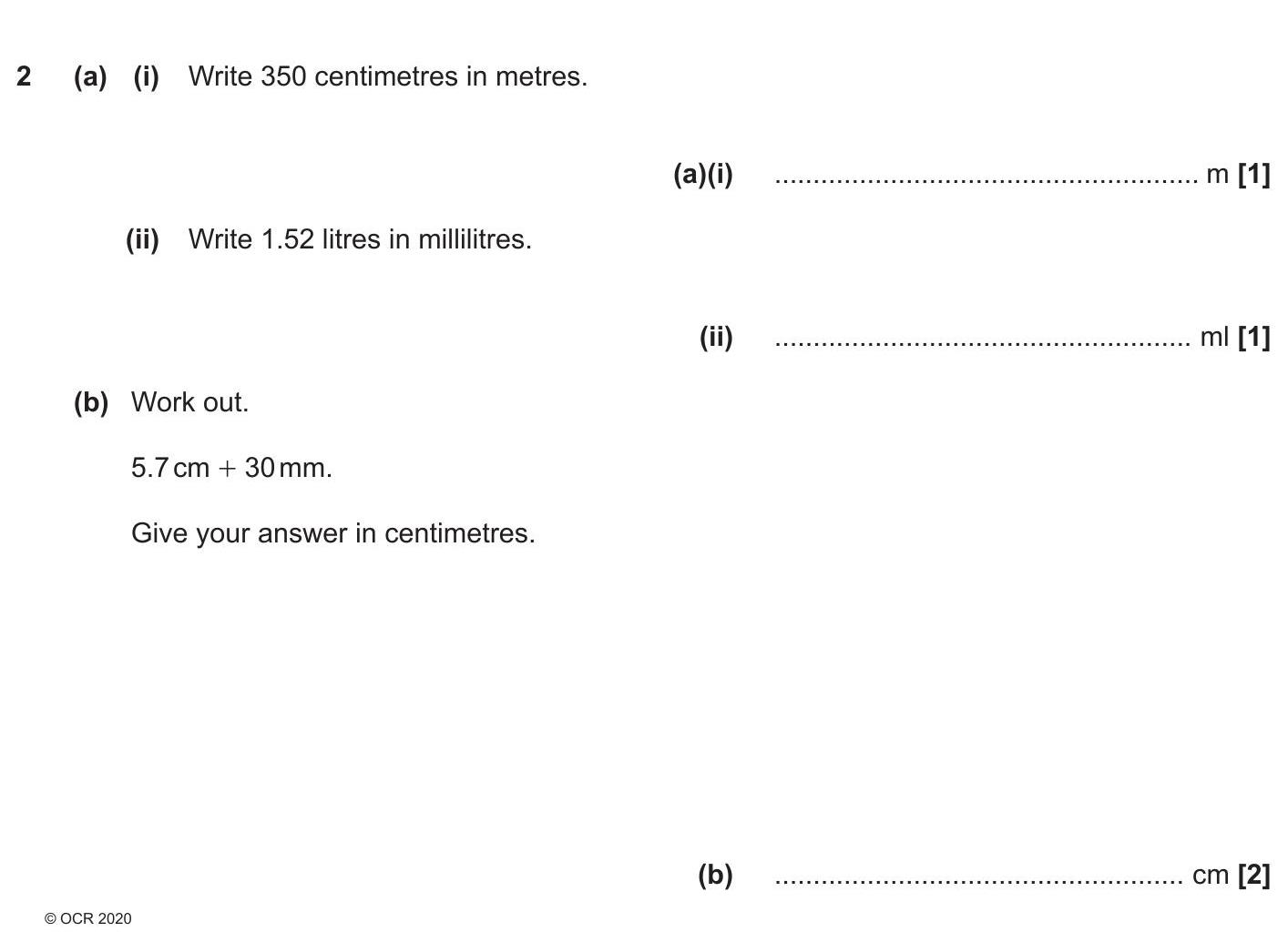 (a)-(i)-Write-350-centimetres-in-metres-OCR-GCSE Maths-Question 2-2020-Paper 1.png