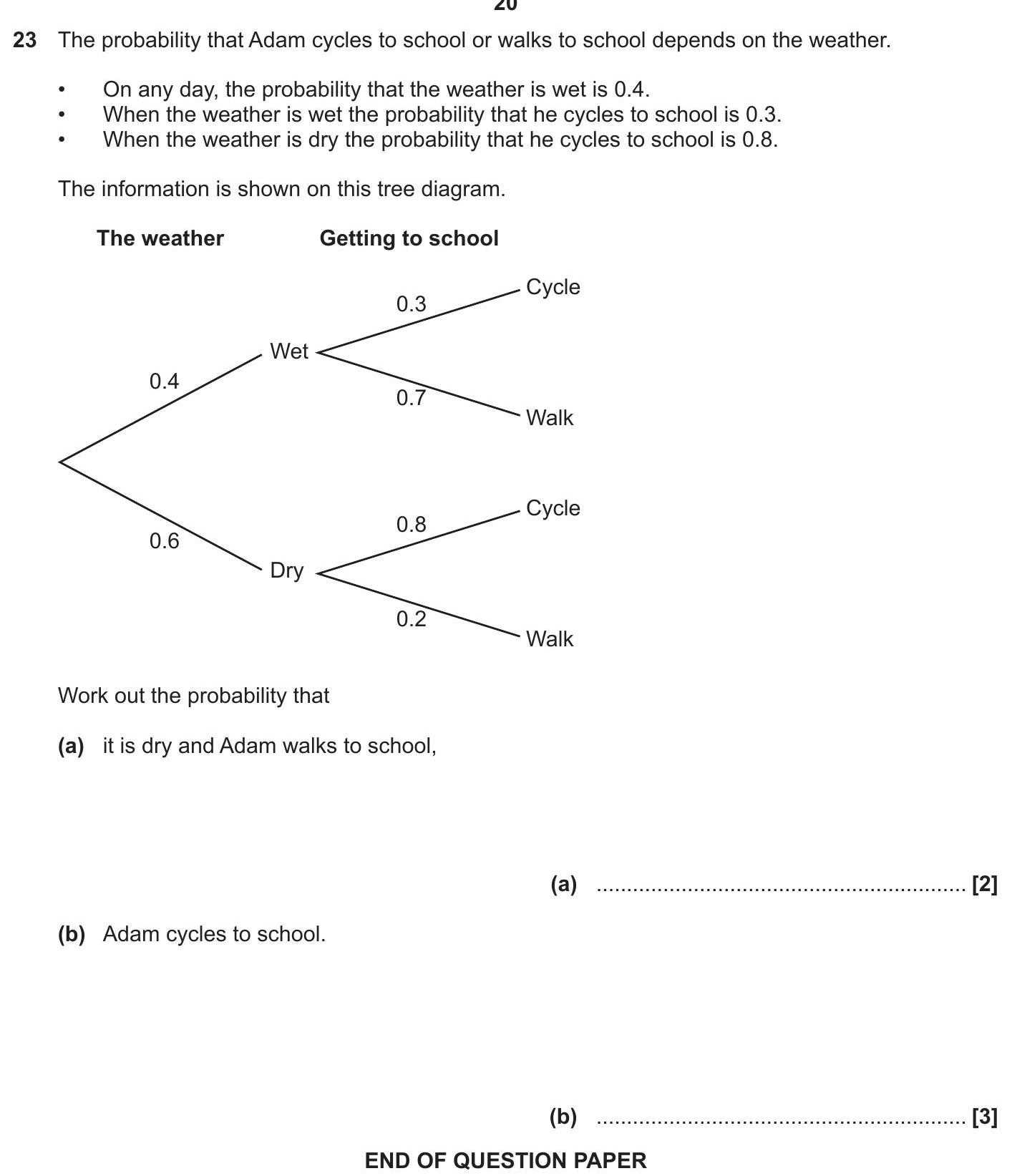 The-probability-that-Adam-cycles-to-school-or-walks-to-school-depends-on-the-weather-OCR-GCSE Maths-Question 23-2020-Paper 3.png