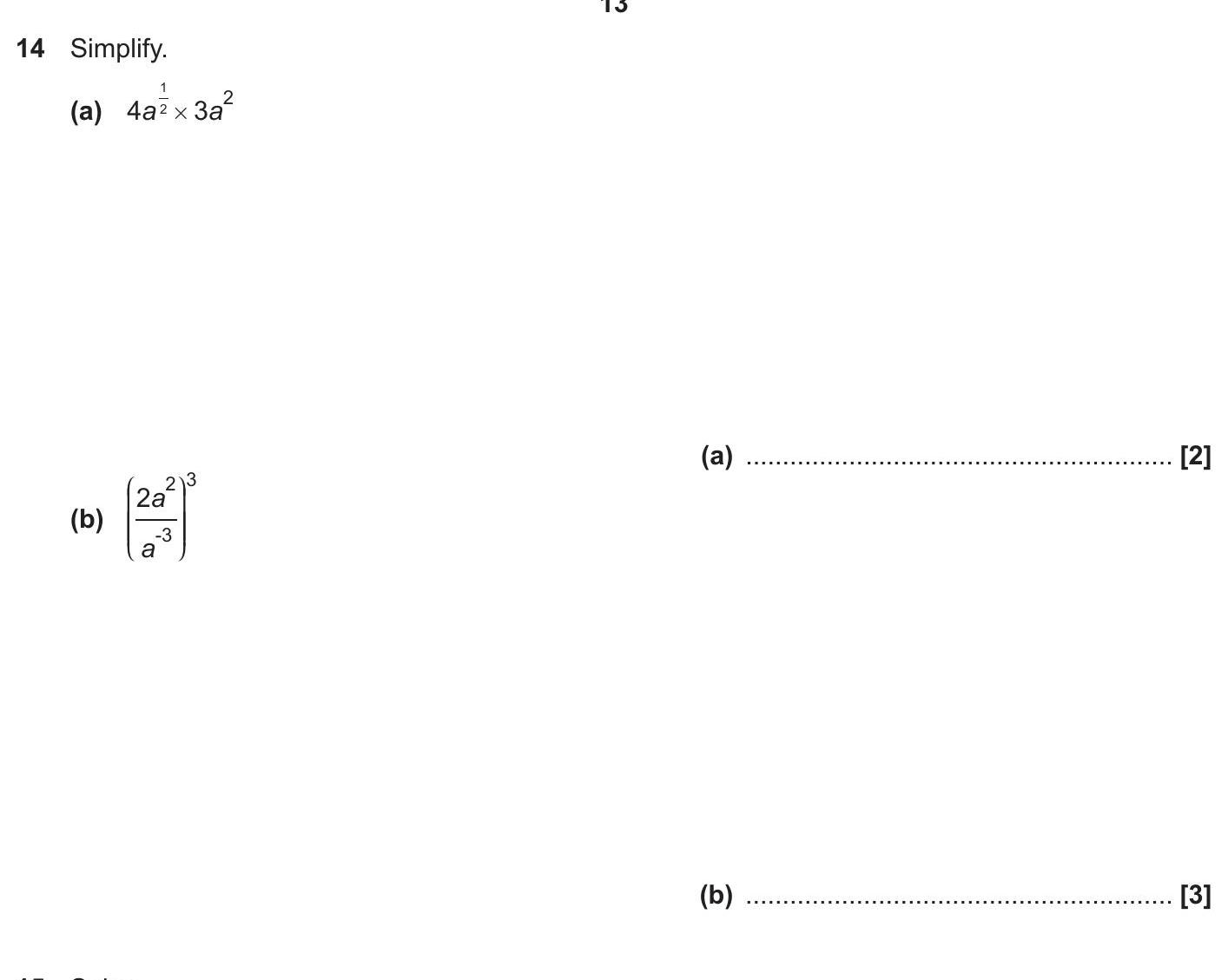14.-Simplify:--(a)-$4a^1-\times-3a^2$--(b)-$\left(-\frac{2a^2}{a^3}-\right)^{3}$-OCR-GCSE Maths-Question 14-2020-Paper 1.png