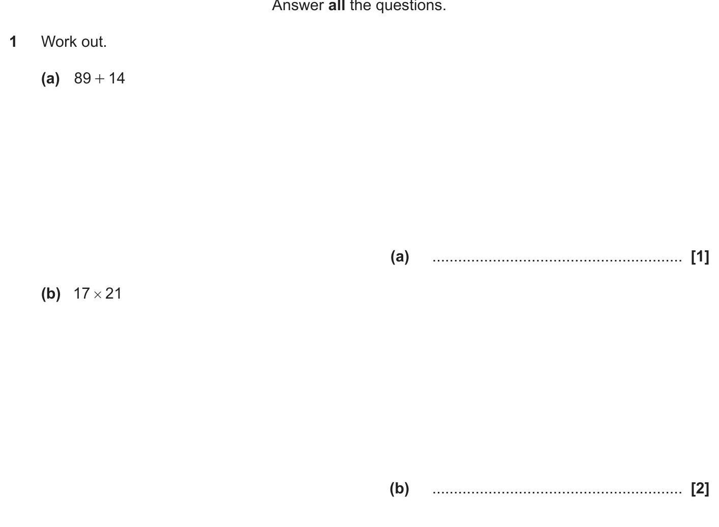 Work-out.-(a)-89-+-14--(b)-17-×-21-OCR-GCSE Maths-Question 1-2019-Paper 1.png